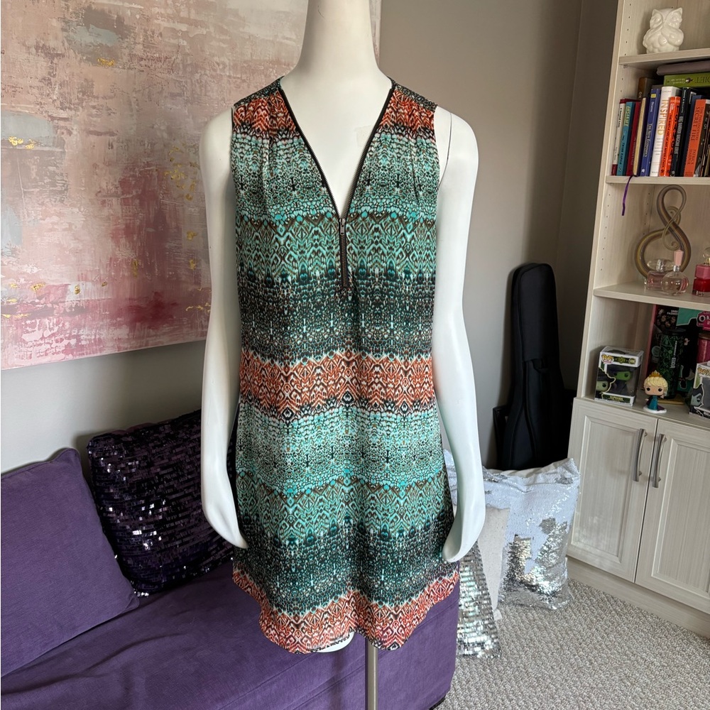 Iz Byer Vibrant‎ Teal Brown Cream Sleeveless Mini Dress w/ zipper detail size L